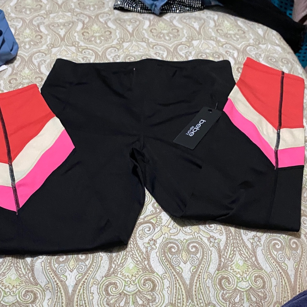 bebe Black Leggings with Pink and Red Accents